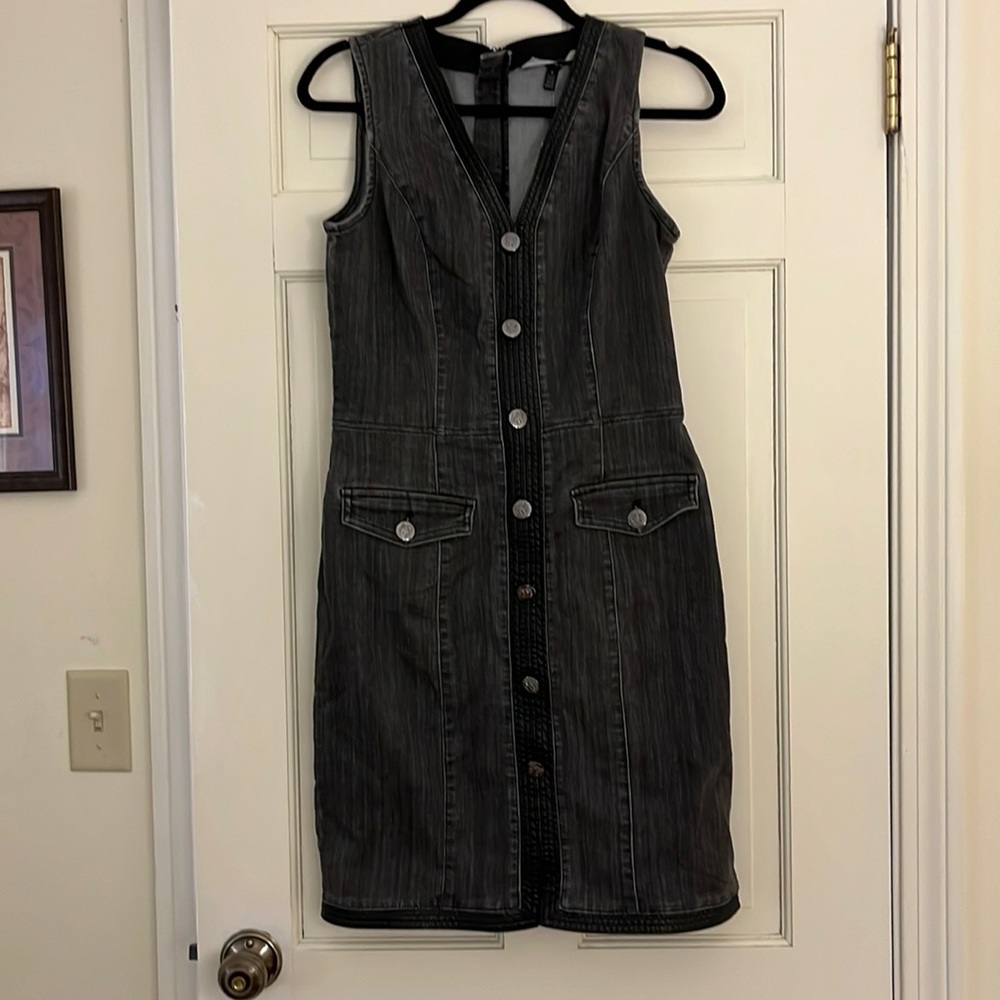 Sz 8 NWT, Faded black denim dress w/faux leather trim, knee length,faux buttons